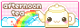 Animated button that reads 'afternoon tea' in dancing bubble letters with an image of a teapot with a cute face and blinking eyes, pouring a rainbow out of its spout