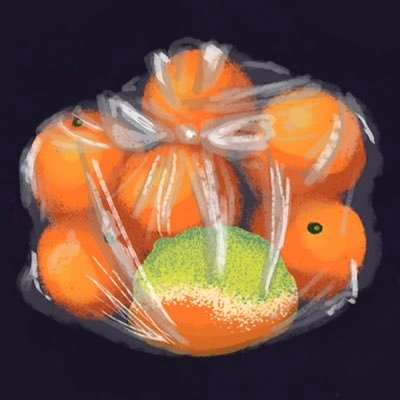 illustration of 7 clementines in a plastic bag. one of them is halfway covered in green mold.